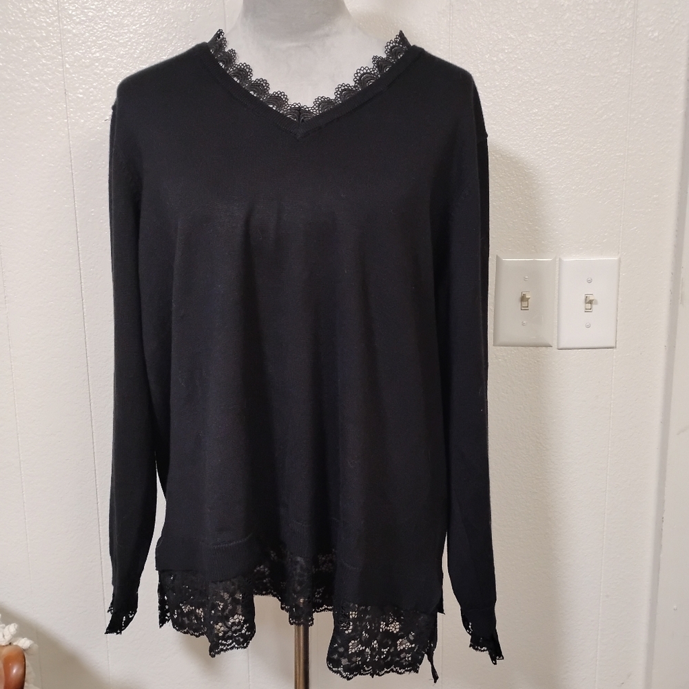 Adrianna Papell long sleeve black lace sweater 1X Twofer Elegant Semi Formal